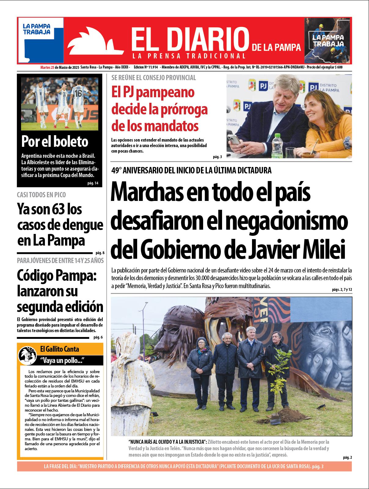Tapa de El Diario en papel  martes 25 de marzo de 2025
